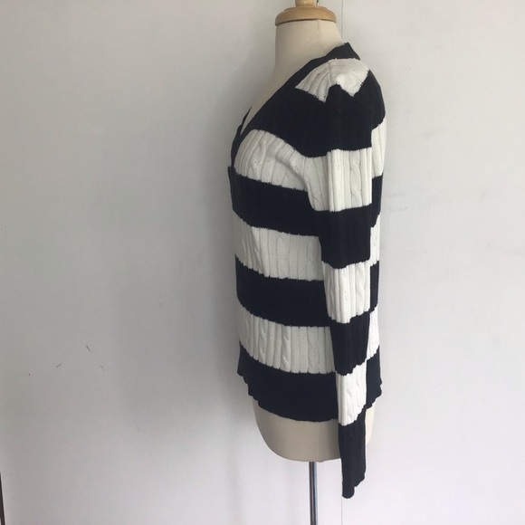 Chaps 100% Cotton Cableknit Black and White Broad Striped V-Neck Sweater Medium - Picture 5 of 8